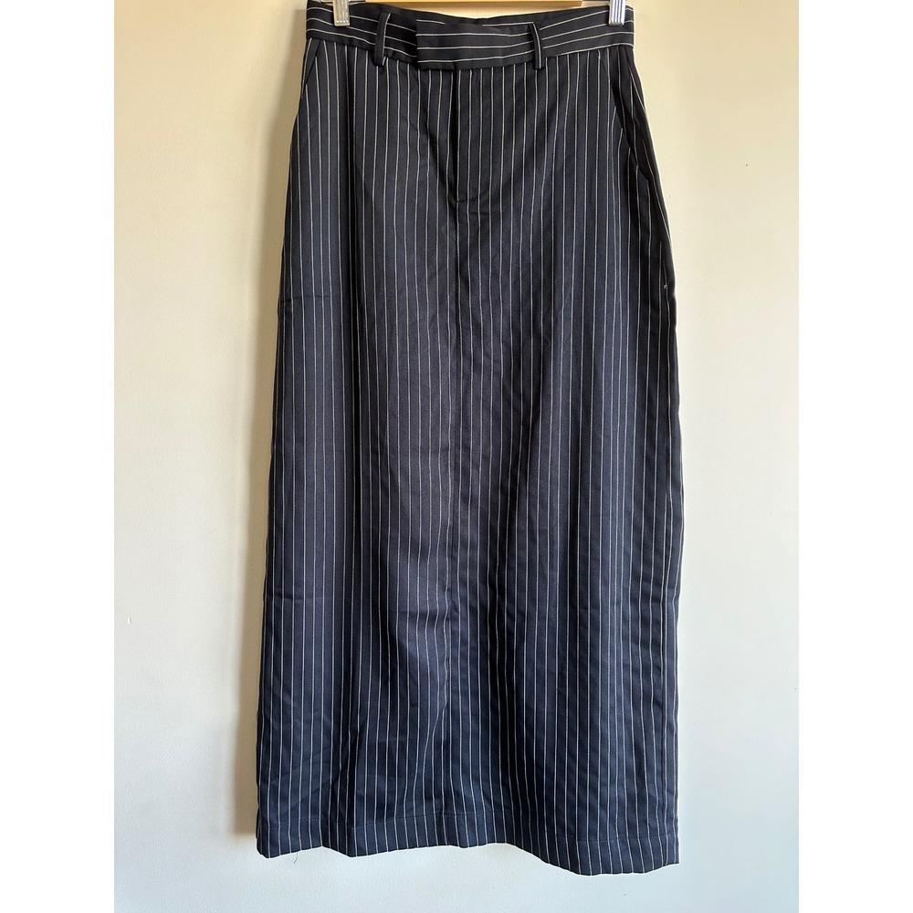 Commense Navy Blue Pinstripe Maxi Skirt Tailored High Waist Back Slit Size M NWT